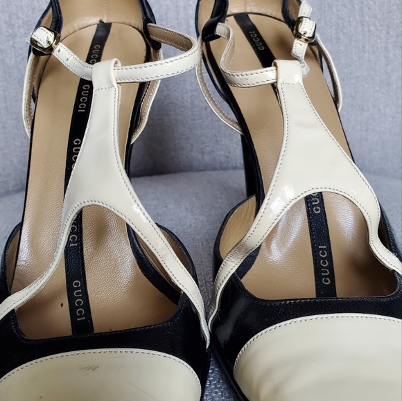 Gucci T-Strap Leather High Heels, 8.5 Black & Cream - Picture 7 of 15